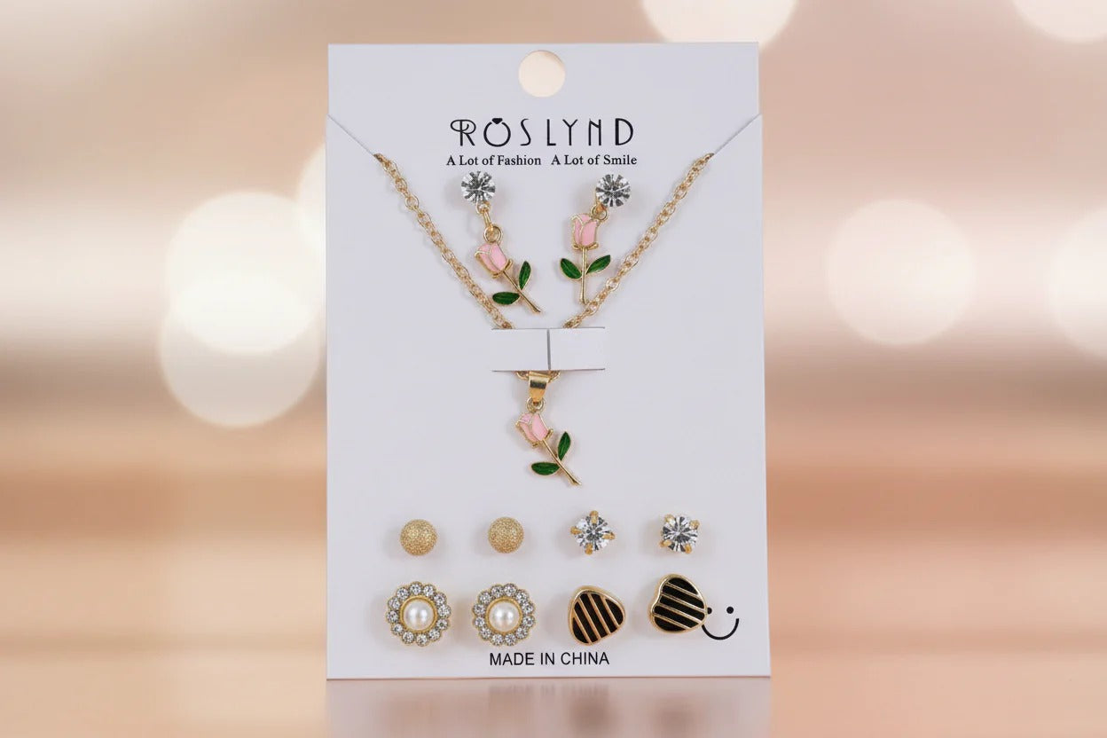 Rose Pendant Necklace & Stud Earrings Combo Set