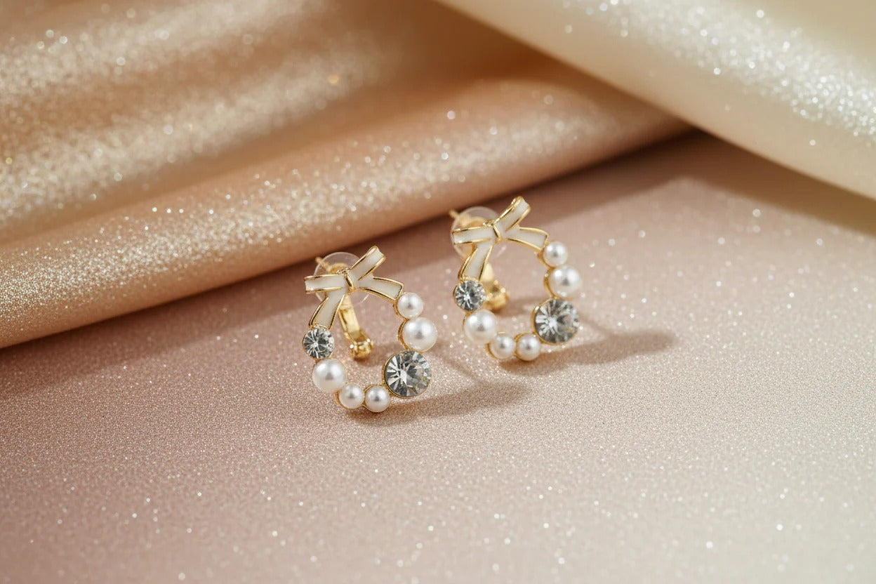 Bow Pearl & Crystal Hoop Stud Earrings – Gold Finish