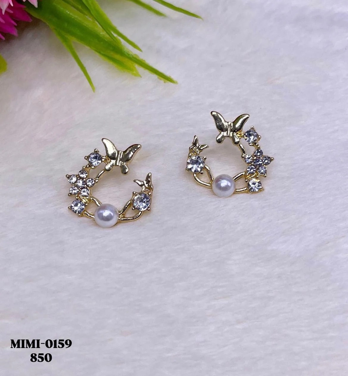 Butterfly Pearl Crystal Stud Earrings – Gold Finish