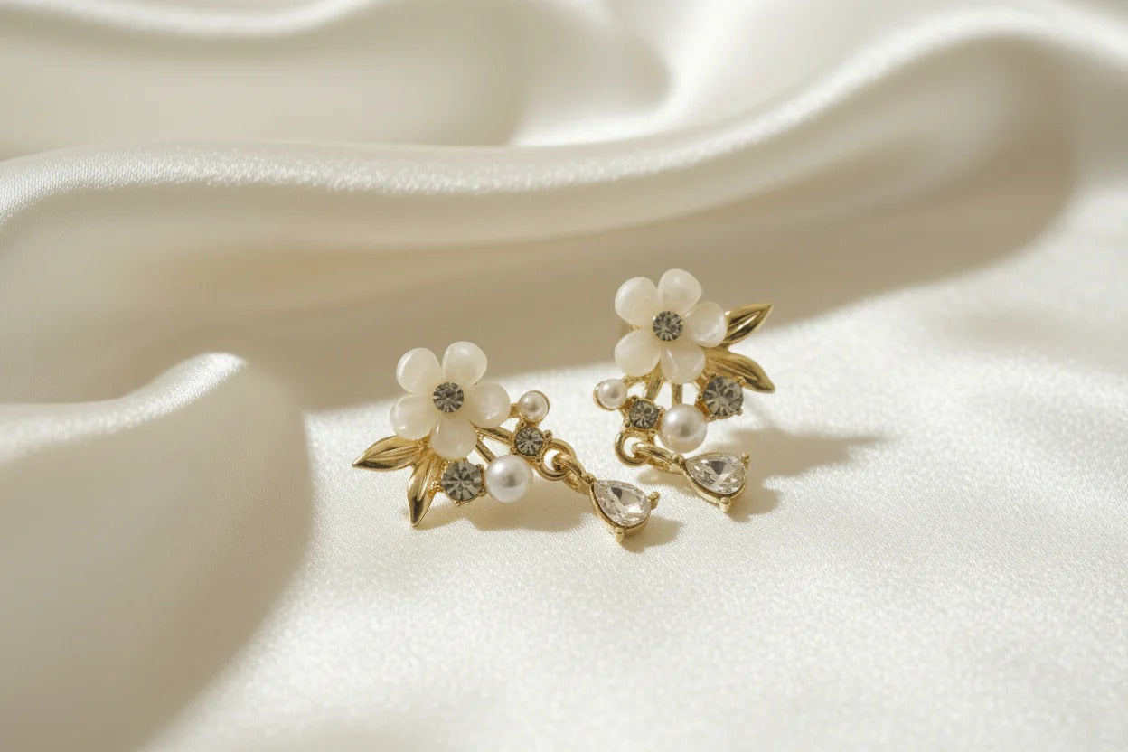 Floral Pearl Drop Earrings – Soft Gold Elegance