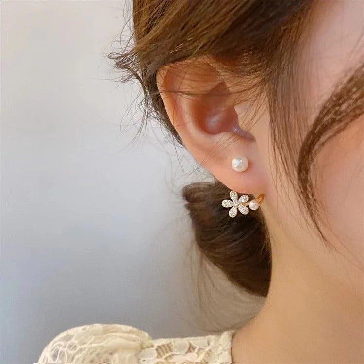 Elegant Floral Pearl Ear Cuff Earrings – Gold Finish