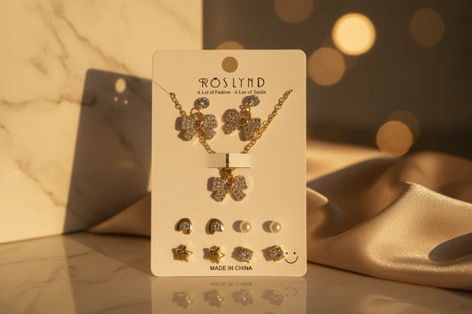 Crystal Bow Pendant Necklace & Stud Earrings Set