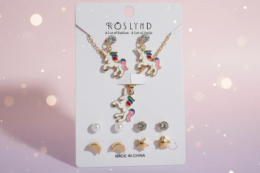 Rainbow Unicorn Pendant Necklace & Stud Earrings Set