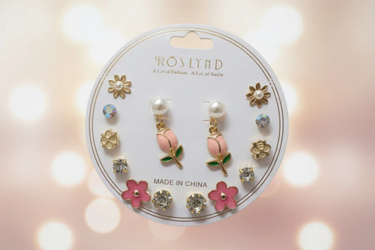 Rose Drop & Pearl Stud Earrings Set