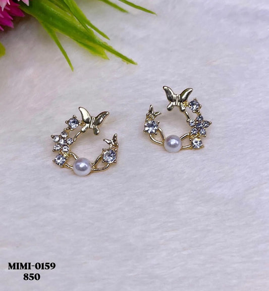 Butterfly Pearl Crystal Stud Earrings – Gold Finish