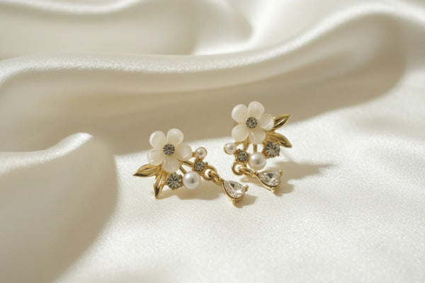 Floral Pearl Drop Earrings – Soft Gold Elegance