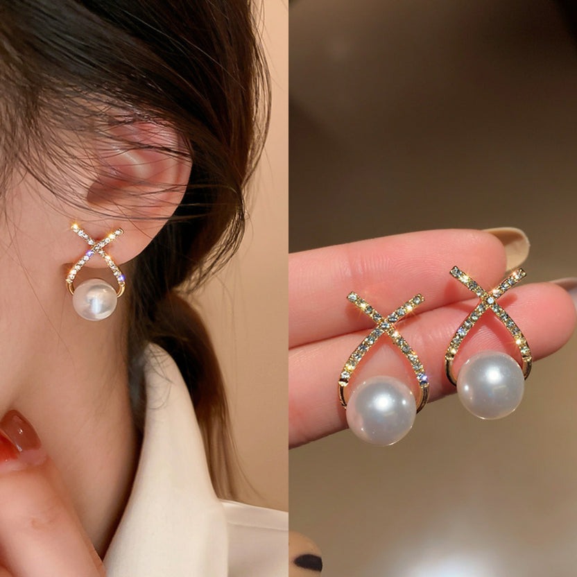 Crystal X Pearl Stud Earrings