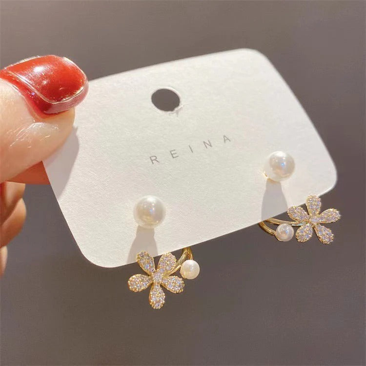 Elegant Floral Pearl Ear Cuff Earrings – Gold Finish