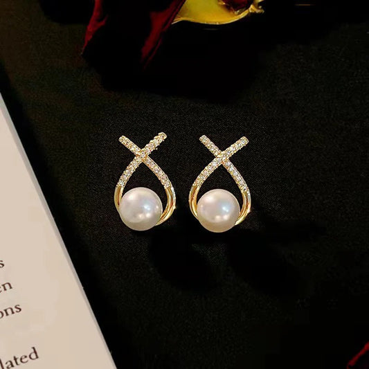 Crystal X Pearl Stud Earrings