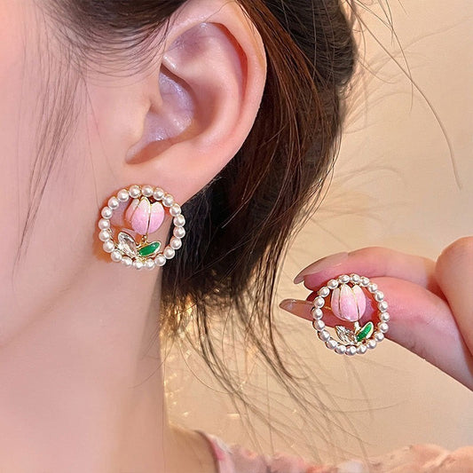 Pearl Floral Circle Stud Earrings